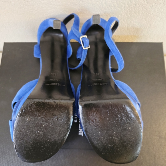 Saint Laurent YSL Blue Suede Platform Stiletto Ankle Strap Buckle Heels EU 38.5 - Picture 9 of 11
